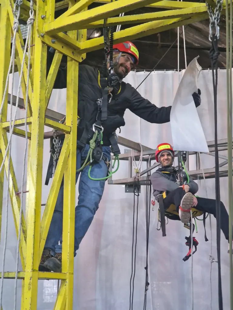 Rope access trainees taking part in a practical team exercise
